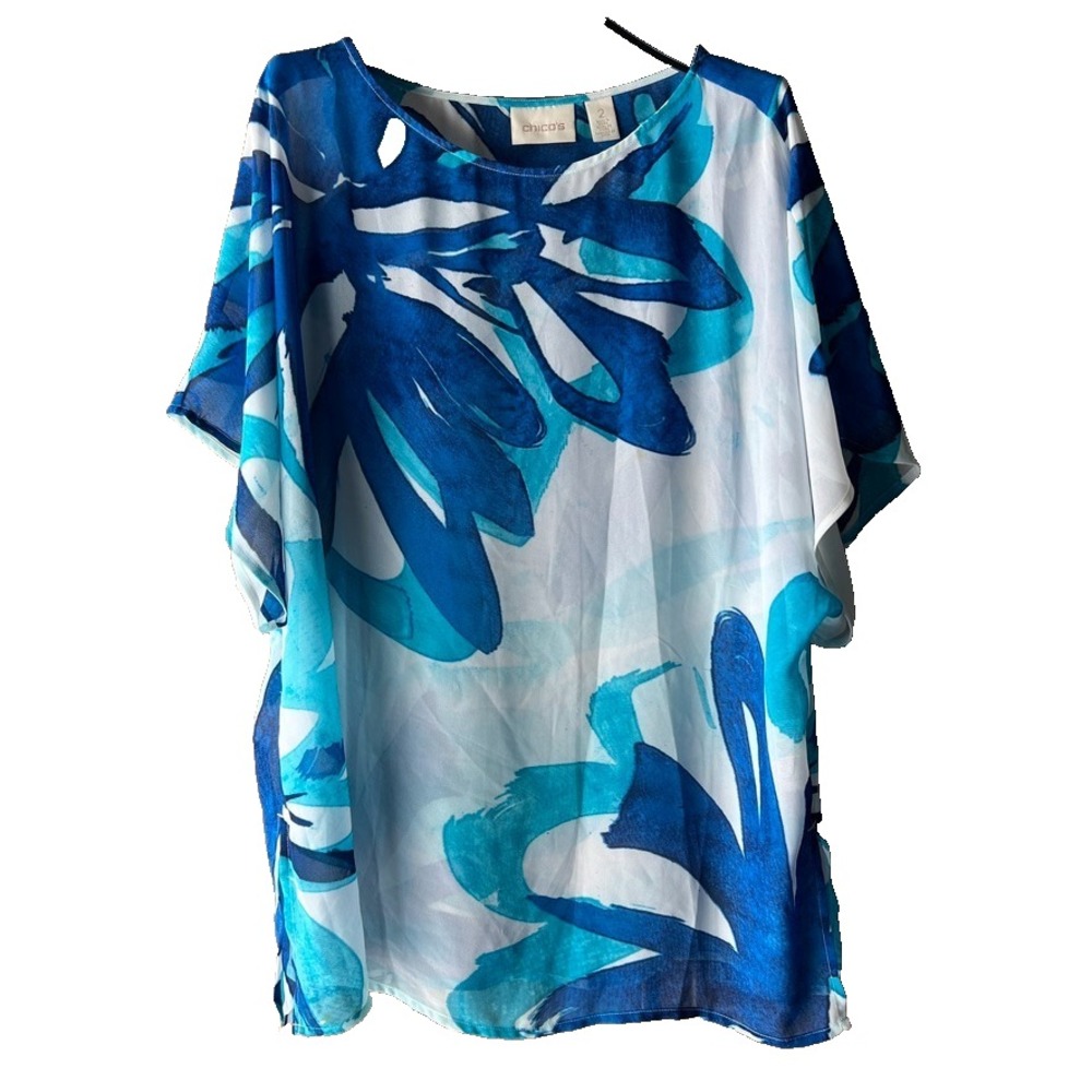 Chico's Blouse Sz 2 Medium Sheer Flowy Floral Geometric Coastal Blue Top
